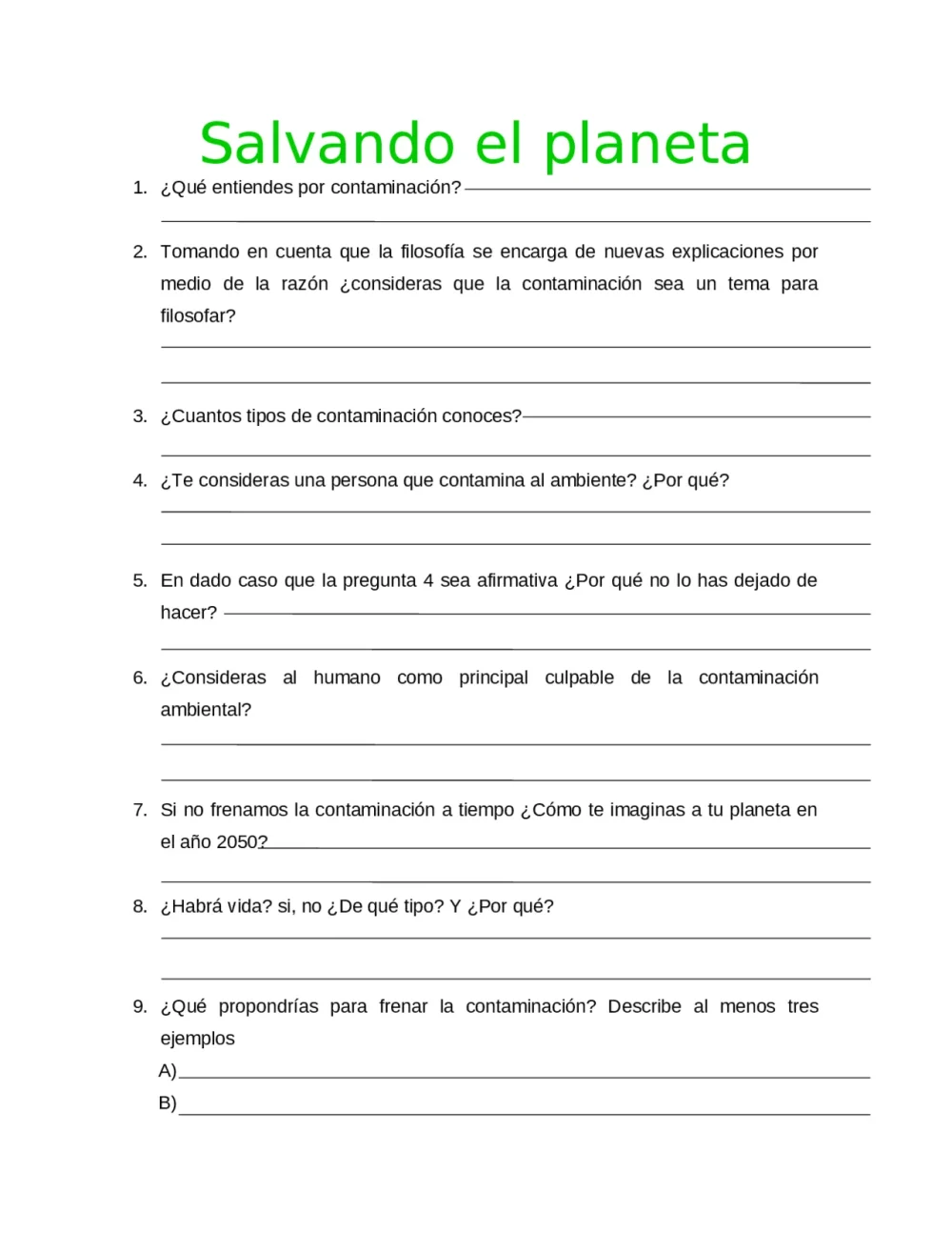 Preguntas sobre Contaminación Ambiental