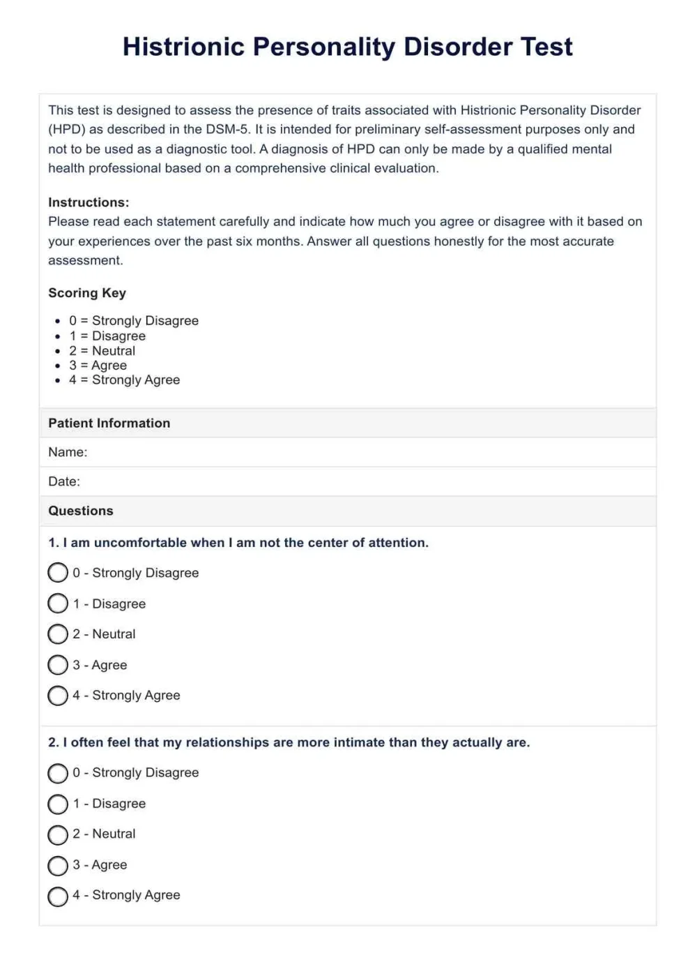 Test diagnóstico para trastorno histriónico de la personalidad Concisión optimizada