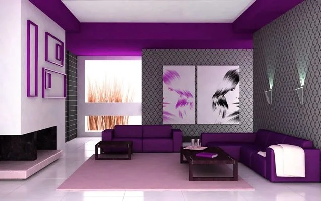 Elegante salón en tonos morado y gris perla